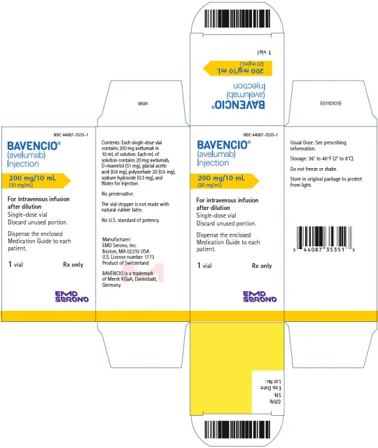 BAVENCIO · US package-label artwork; supplied packaging may differ.