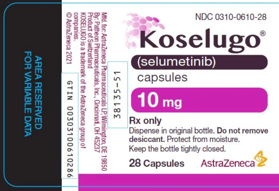 Koselugo司美替尼 · US package-label artwork; supplied packaging may differ.