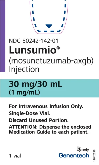 Lunsumio\mosunetuzumab\莫妥珠单抗 · US package-label artwork; supplied packaging may differ.