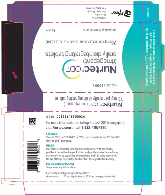 Nurtec\rimegepant\瑞美吉泮 · US package-label artwork; supplied packaging may differ.