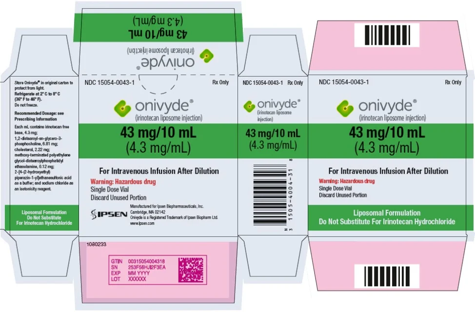 Onivyde 安能得 · US package-label artwork; supplied packaging may differ.