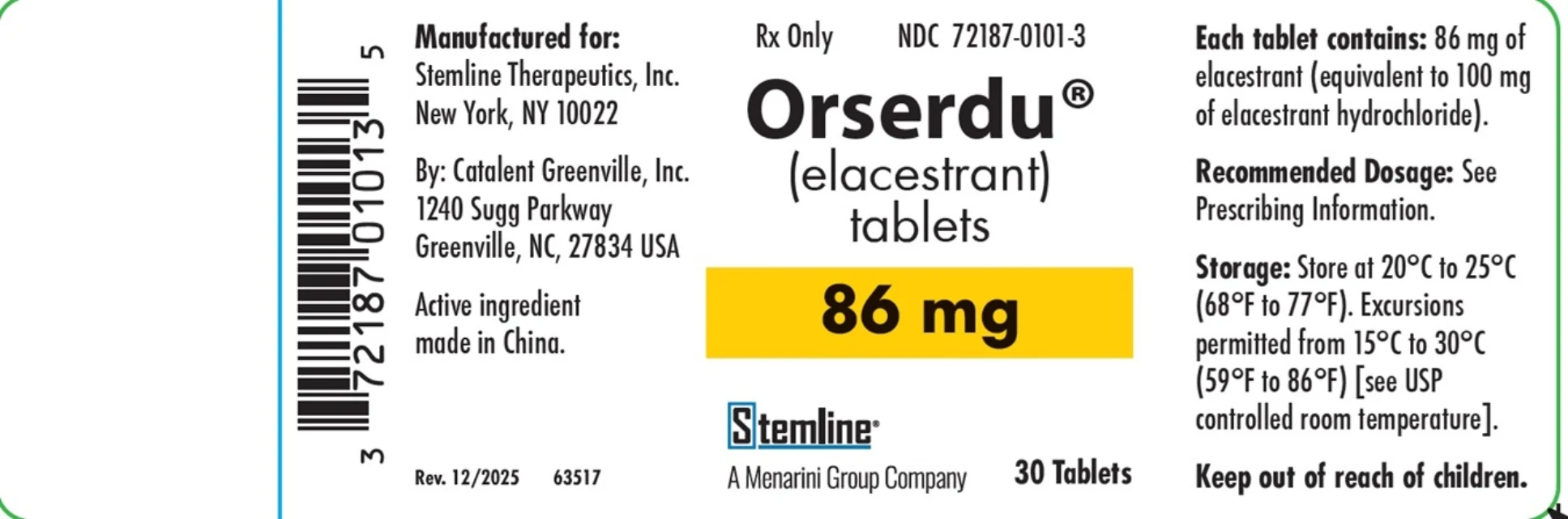 ORSERDU · US package-label artwork; supplied packaging may differ.