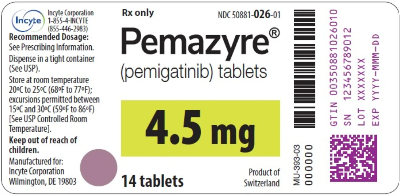 Pemazyre · US package-label artwork; supplied packaging may differ.