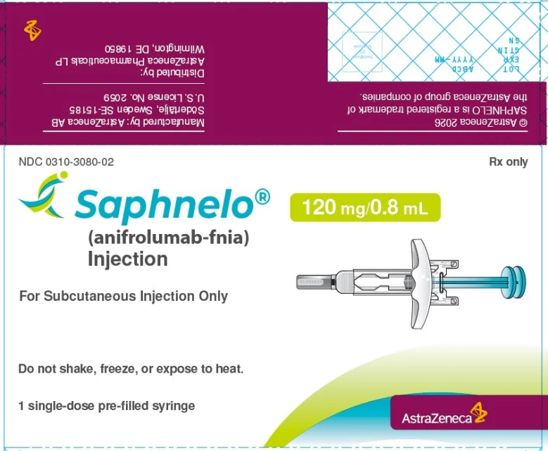 Saphnelo · US package-label artwork; supplied packaging may differ.