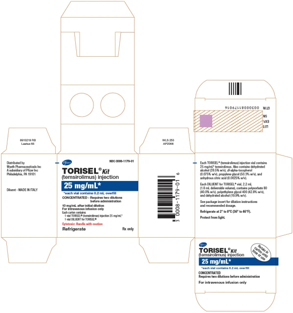 Torisel · US package-label artwork; supplied packaging may differ.
