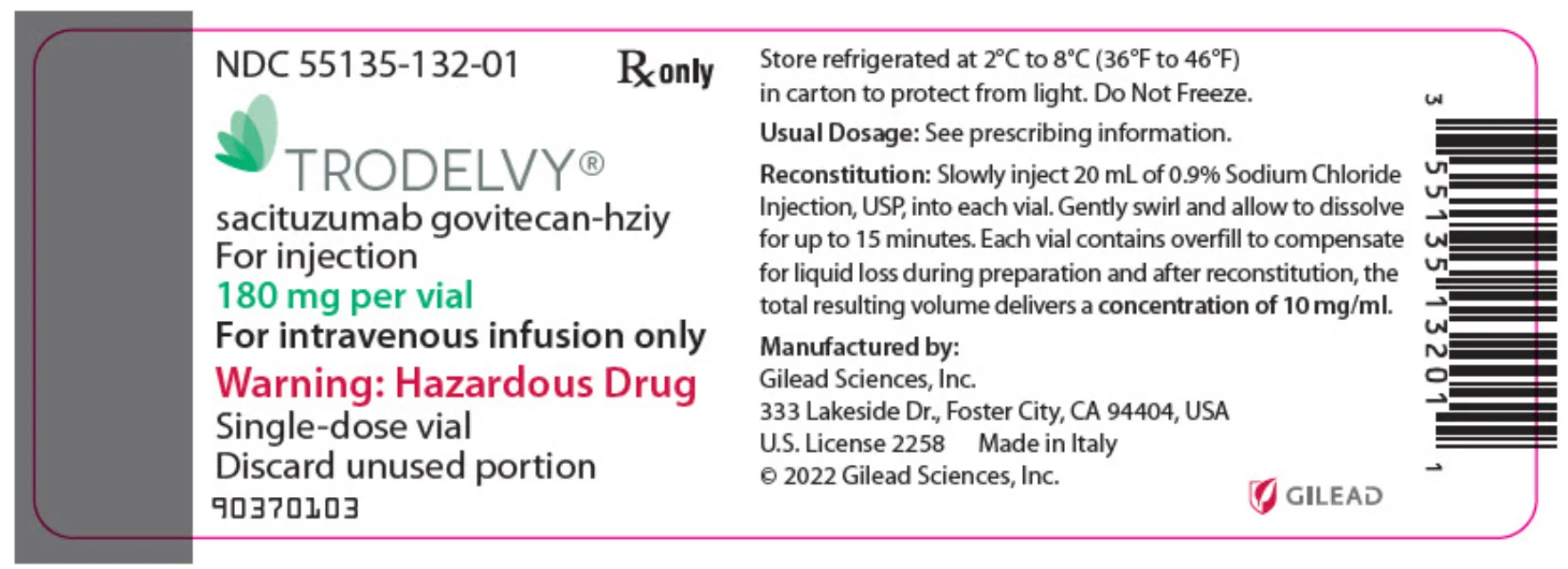 Trodelvy戈沙妥珠单抗 · US package-label artwork; supplied packaging may differ.