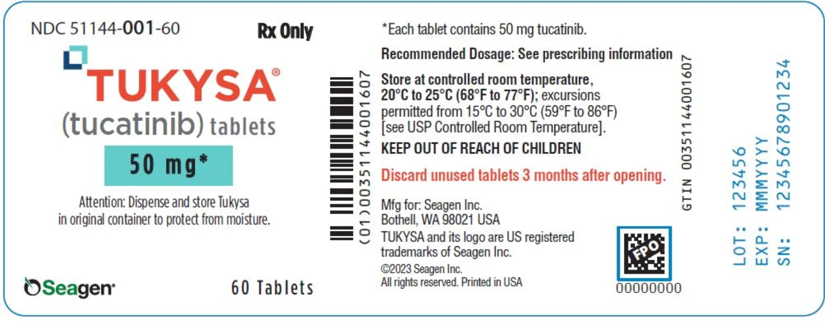 TUKYSA · US package-label artwork; supplied packaging may differ.