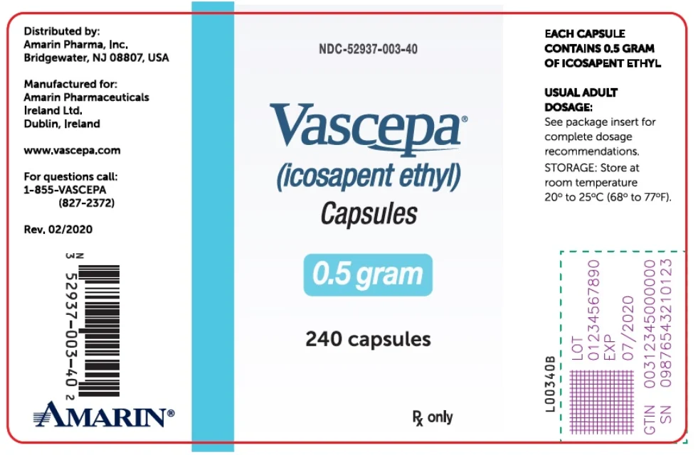 Vascepa二十碳五烯酸乙酯 · US package-label artwork; supplied packaging may differ.