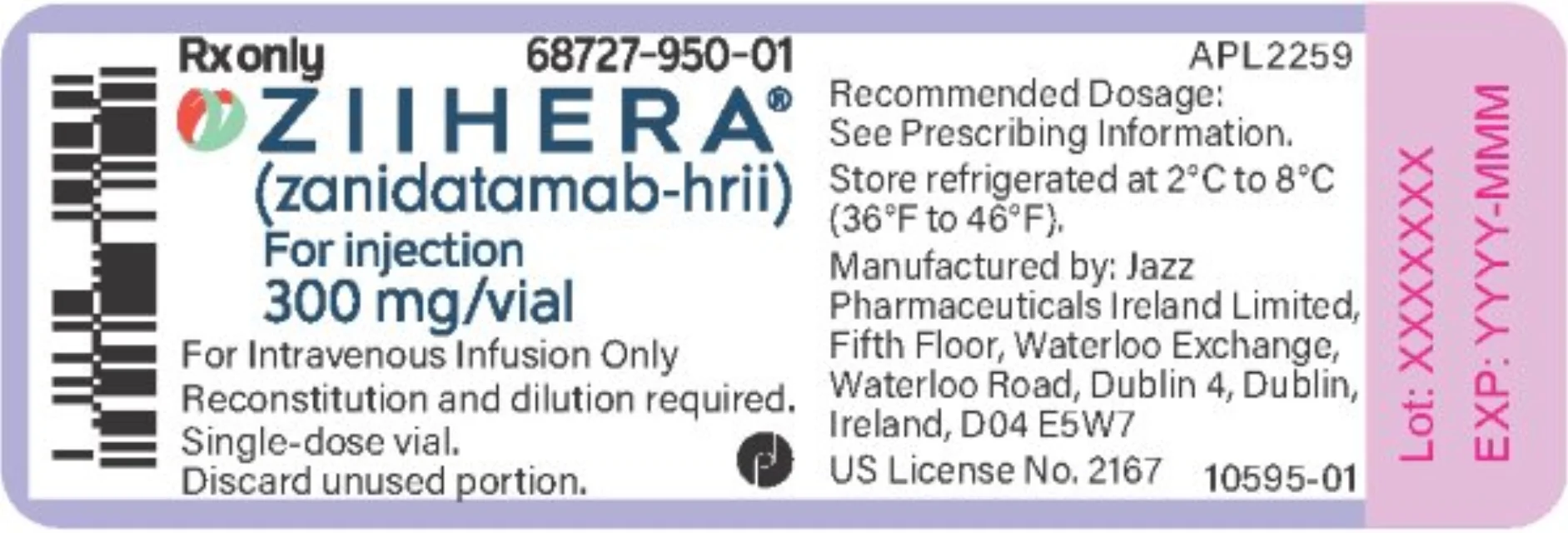 ZIIHERA · US package-label artwork; supplied packaging may differ.
