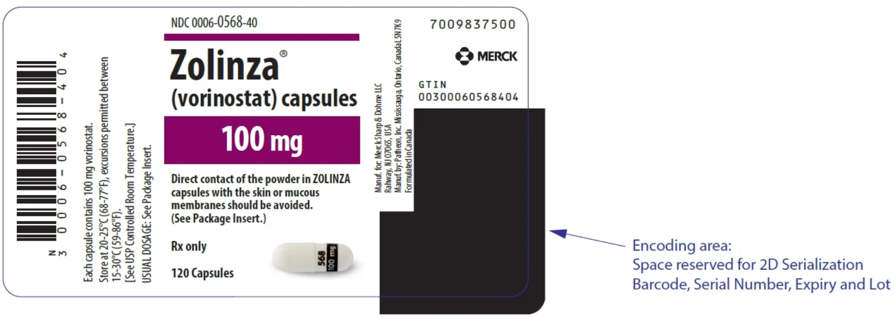 ZOLINZA · US package-label artwork; supplied packaging may differ.