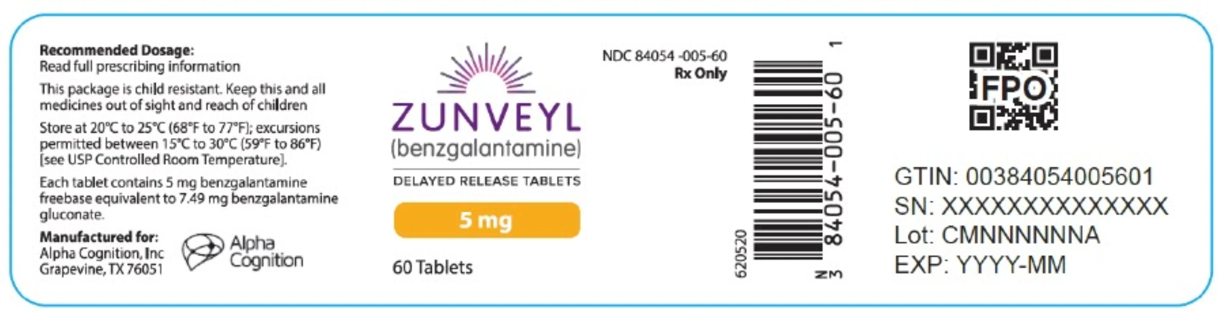ZUNVEYL · US package-label artwork; supplied packaging may differ.