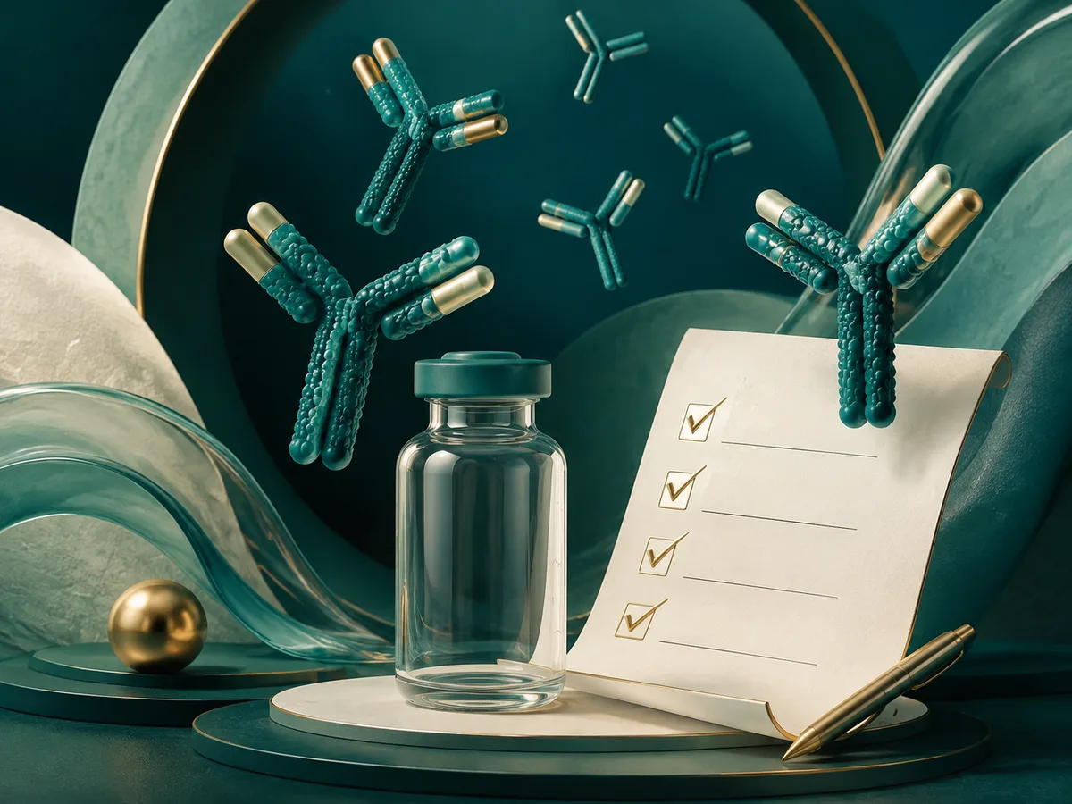 Conceptual antibody and medicine vial illustration for an amivantamab access guide