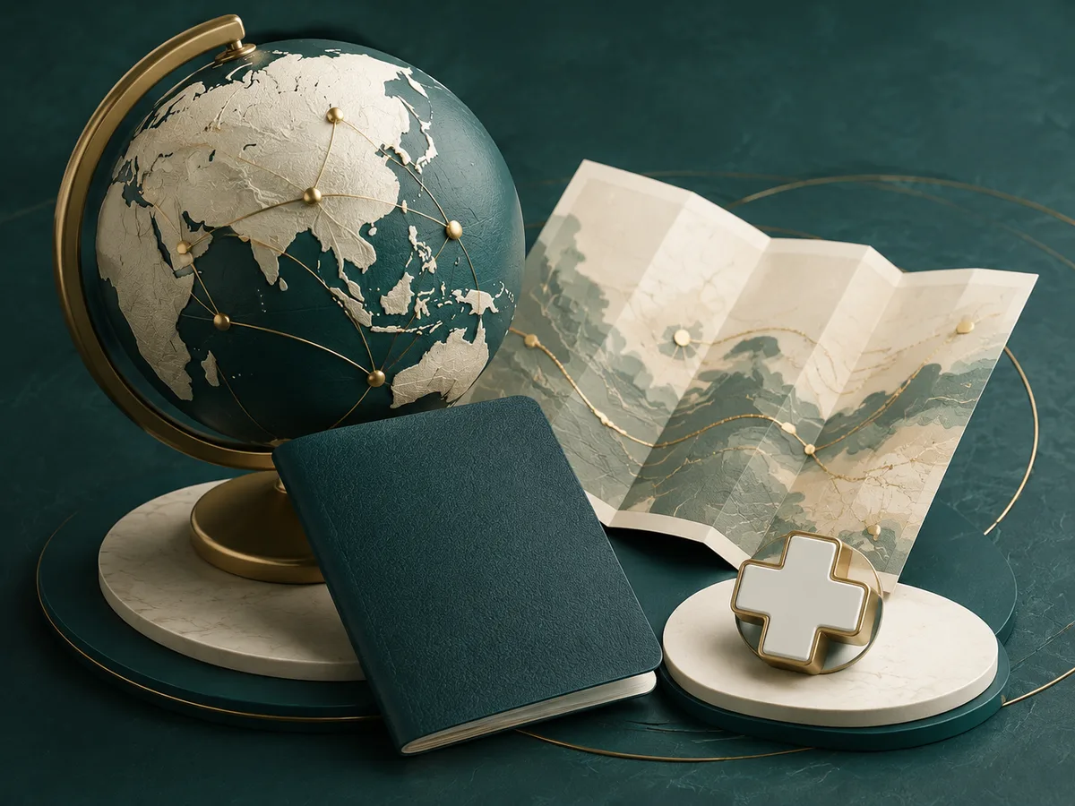 Medical travel planning illustration with a globe, passport and itinerary